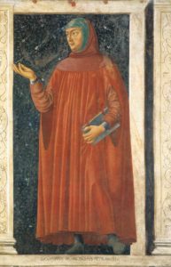 Francesco Petrarca, Fresko auf Holz, um 1450, 247x153cm, Uffizien, Florenz. Public Domain