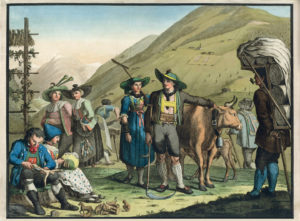 Historischer Stich einer Serie, koloriert, um 1800. Männer und Frauen in Tirol mit beruflichen- und Handwerks-Accessoires. (Bauer/Bäuerinnen, Hausierer, Händler, Hirte, Schnitzer, Klöpplerin etc.)