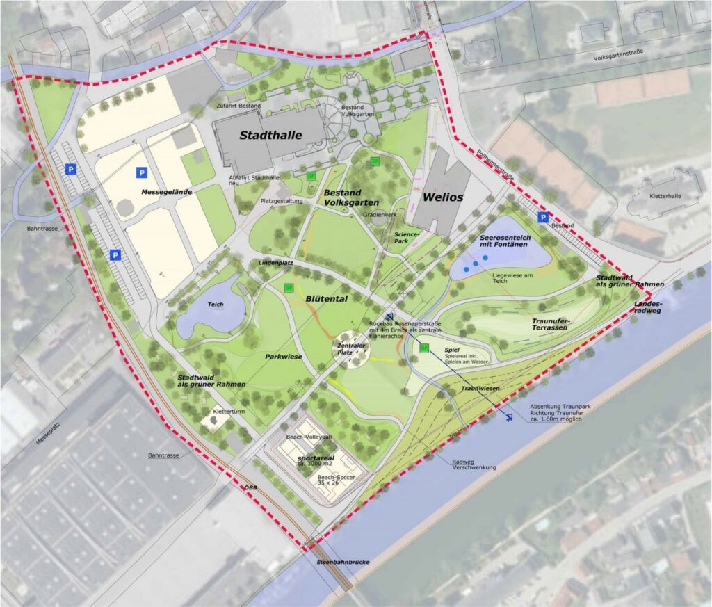 Renaturierungsprojekt Welser Cental Park: Schaffung von Grünflächen durch Entsiegelung des alten Messegeländes