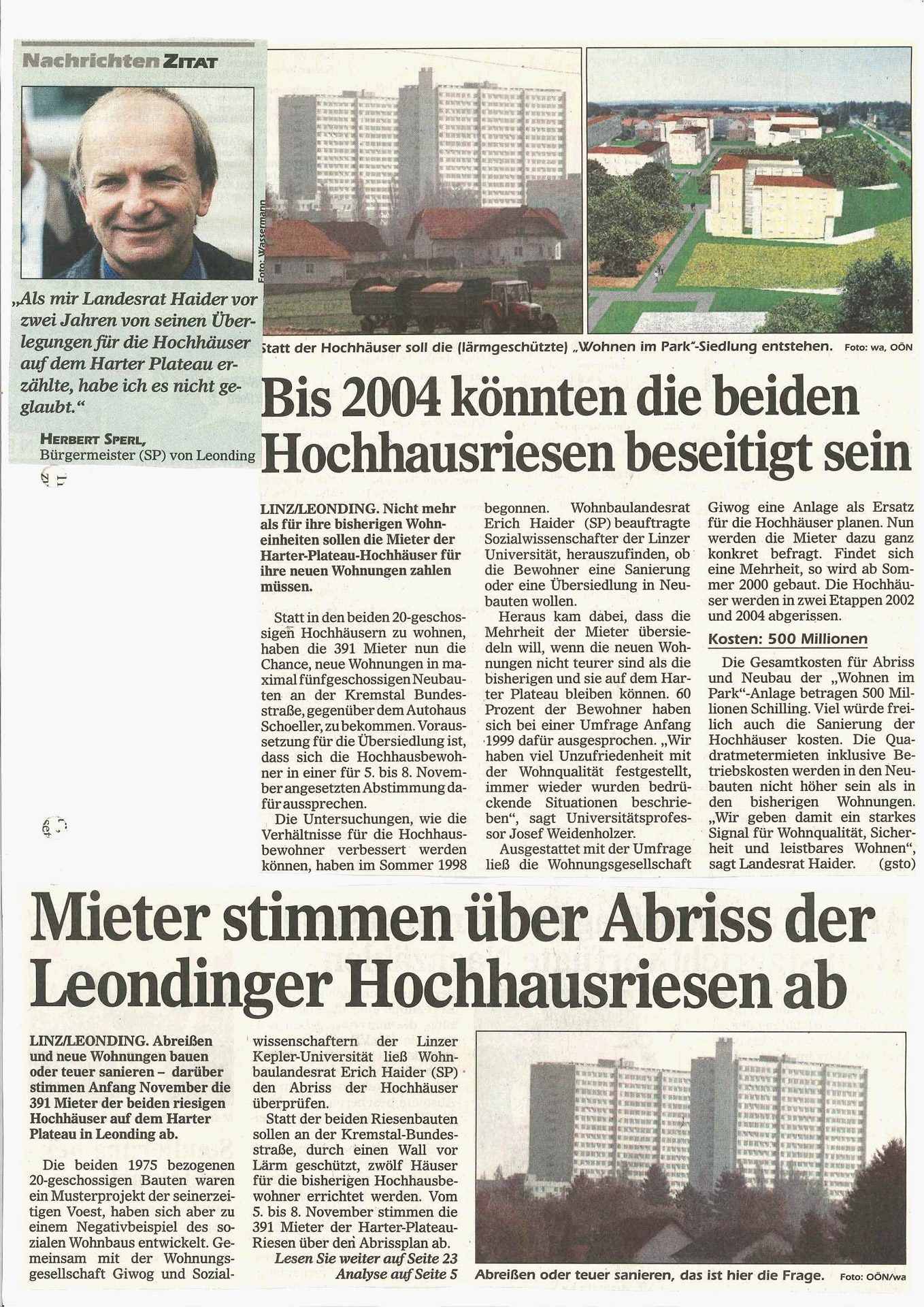Großes Aufsehen erregte die Sprengung der beiden Hochhäuser am Harter Plateau.